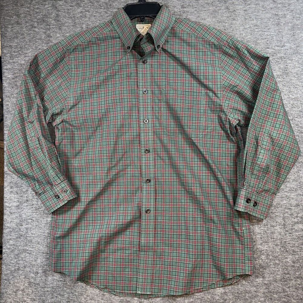 L.L. Bean Mens Button Down Shirt Wrinkle Resistant Green Tartan‎ Plaid Sz M